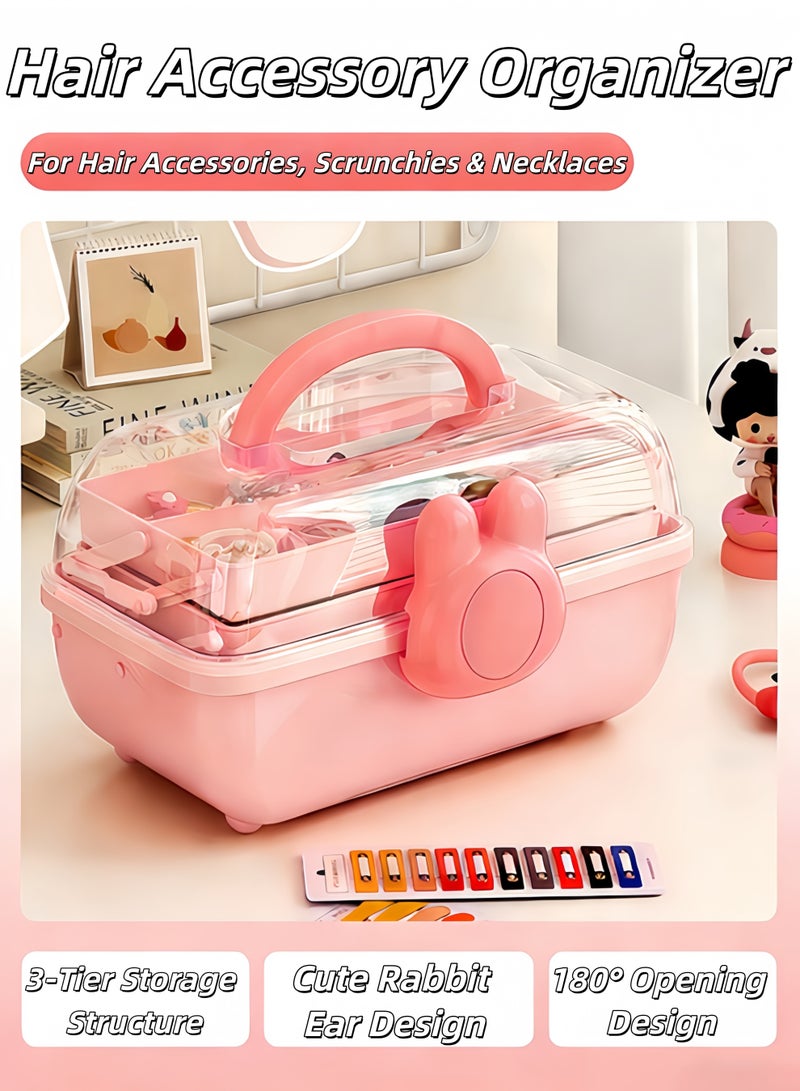 XiuWoo Hair Accessory Organizer,Kids' Storage Box,Cute Hair Accessories Organizer,3-Layer Organizer/Basket/Trunk,with Handle, Lockable,Toy Storage Cube,Hair Accessories, Scrunchies & Necklaces Storage Box,Kids Hair Accessories Storage Box,Cute Girls Jewelry Organizer,Cosmetics Storage Box,Cute Lockable Jewelry Organizer Container,Durable And Washabl,for Hair Clip, Headband, Scrunchie, Cosmetic, Sewing, Toy, Tape(Pink) - Image 1